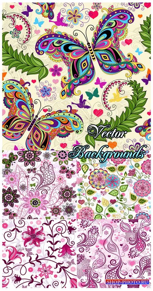 Фоны с чудесными бабочками, фоны с цветами и цветочными орнаментами - векторный клипарт