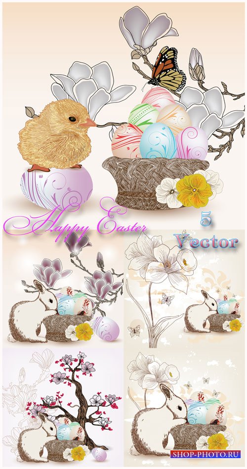 Пасха, пасхальный кролик, цыпленок, пасхальные яйца, бабочки, цветы - векторный клипарт