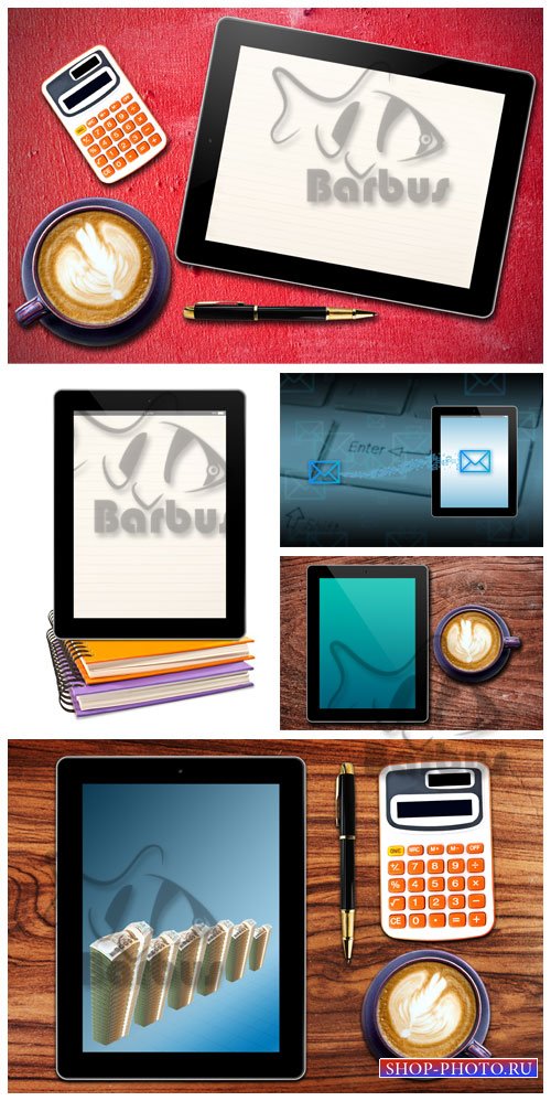 Touch screen device / Сенсорный планшет, чашка кофе и калькулятор
