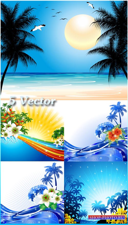 Море, пальмы, цветы - векторный клипарт 