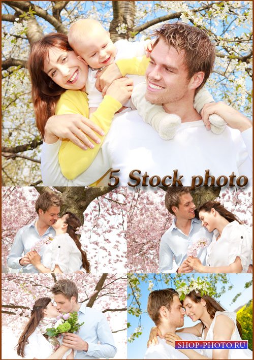 Семейная пара с ребенком на фоне весеннего цветущего дерева - растровый клипарт 