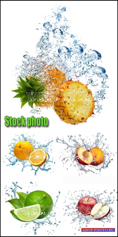 Фрукты в воде, ананас, персик, яблоко / Fruits in water, pineapple, peach, apple - Raster clipart