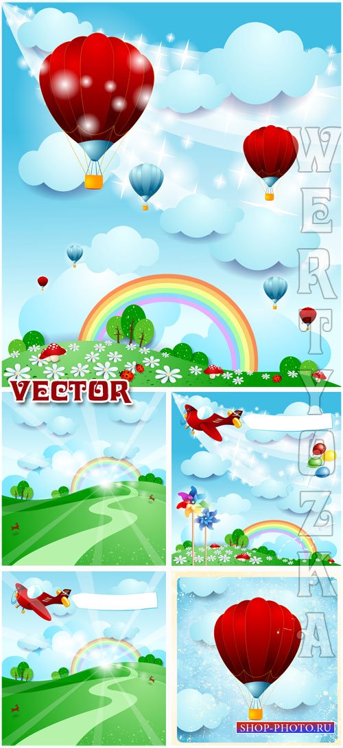 Красивые природные фоны с воздушными шарами / Beautiful natural background with balloons - vector clipart