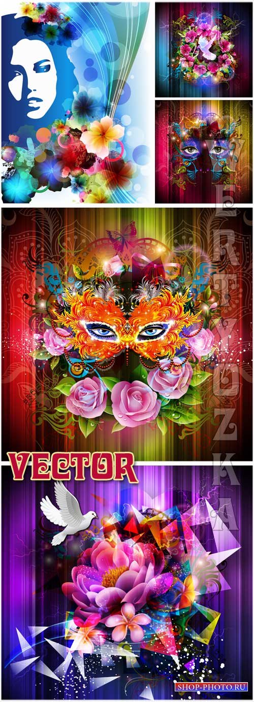 Фоны с цветами, маской  и силуэтом девушки / Background with flowers, a mask and a silhouette of a girl - Vector clipart