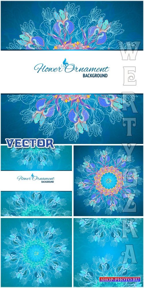 Бирюзовые векторные фоны с цветочным орнаментом / Turquoise vector backgrounds with floral patterns