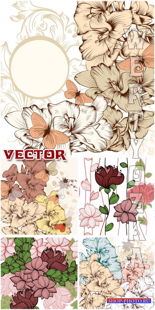 Фоны с цветами и бабочками / Backgrounds with flowers and butterflies - Vector clipart
