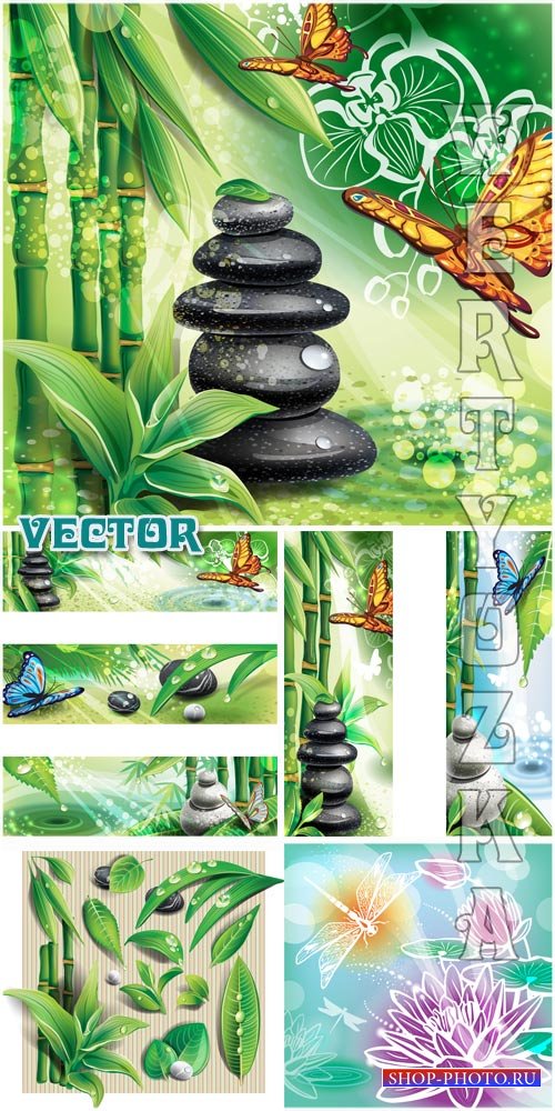 Спа фоны с камнями, бамбуком и бабочками / Spa background with stones, bamboo and butterflies - vector clipart