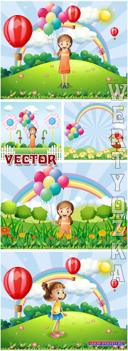 Праздничные детские фоны с девочкой / Celebratory children's backgrounds with a girl - vector clipart