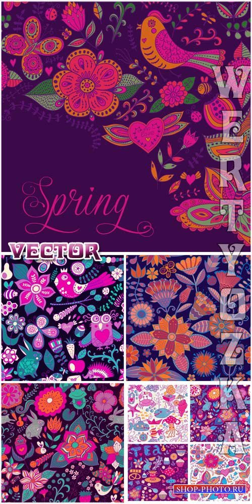 Векторные фоны с разноцветными цветочками и птицами / Vector background with multicolored flowers and birds