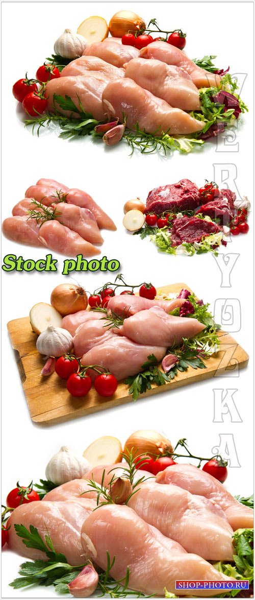 Мясо с овощами и зеленью на белом фоне / Meat with vegetables and greens on a white background - raster clipart
