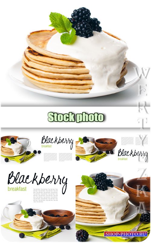 Завтрак, блины с ежевикой / Breakfast, pancakes with blackberry - Raster clipart