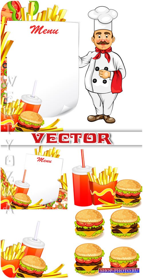 Фаст-фуд, чизбургер, картофель фри / Fast food, cheeseburger, french fries - vector