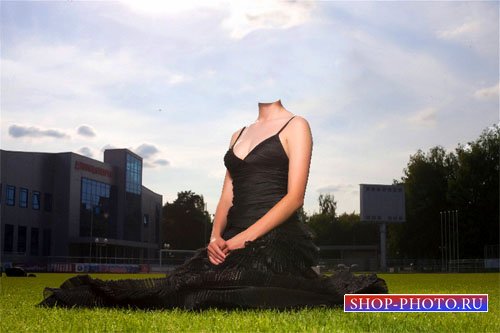  Женский шаблон - Девушка на травке в черном платье 