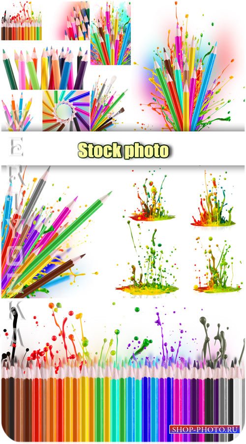 Цветные карандаши,  брызги краски / Colored pencils, splashes paint - Raster clipart