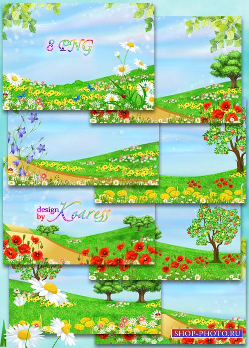 Детские летние фоны с яркими луговыми цветами