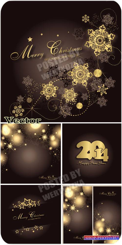 Новогодние фоны 2014 с золотыми звездами и снежинками / New Year 2014 - stock vector