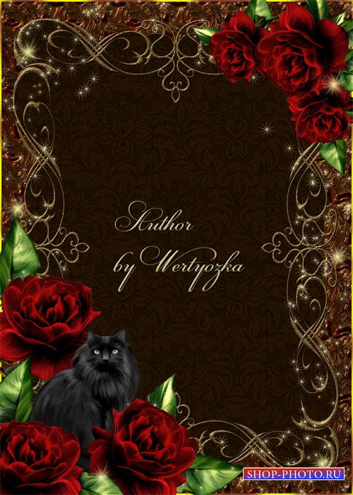 Рамка для фотошопа - Черная кошка и чудесные розы
