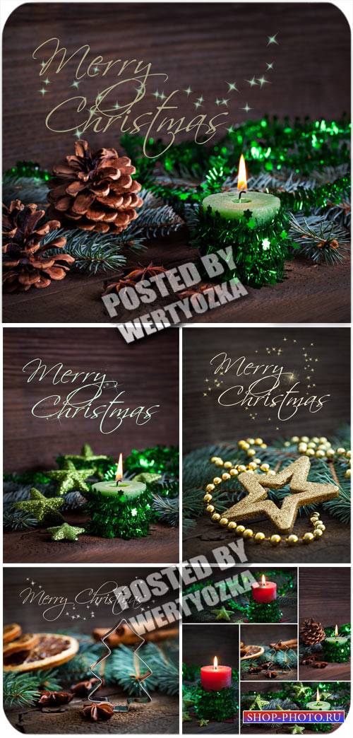 Рождественские фоны с елкой, шишками и свечами / Christmas background - stock photos