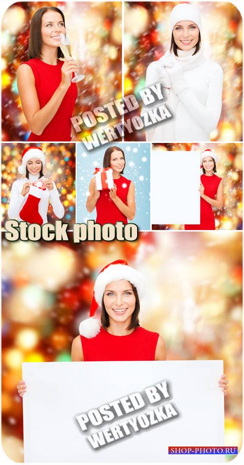 Новогодняя девушка с плакатом / Christmas girl with a poster - stock photos