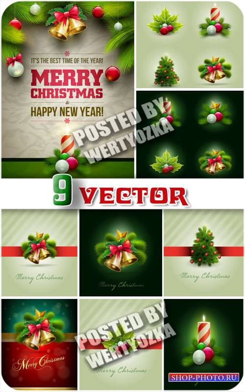 Рождественские фоны с елкой, колокольчиками и свечами / Christmas background - vector stock