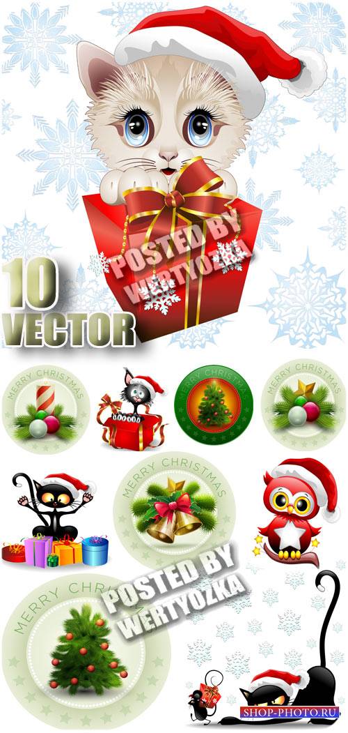 Новогодние кошки, стикеры с елочкой и колокольчиками / Christmas cats - stock vector