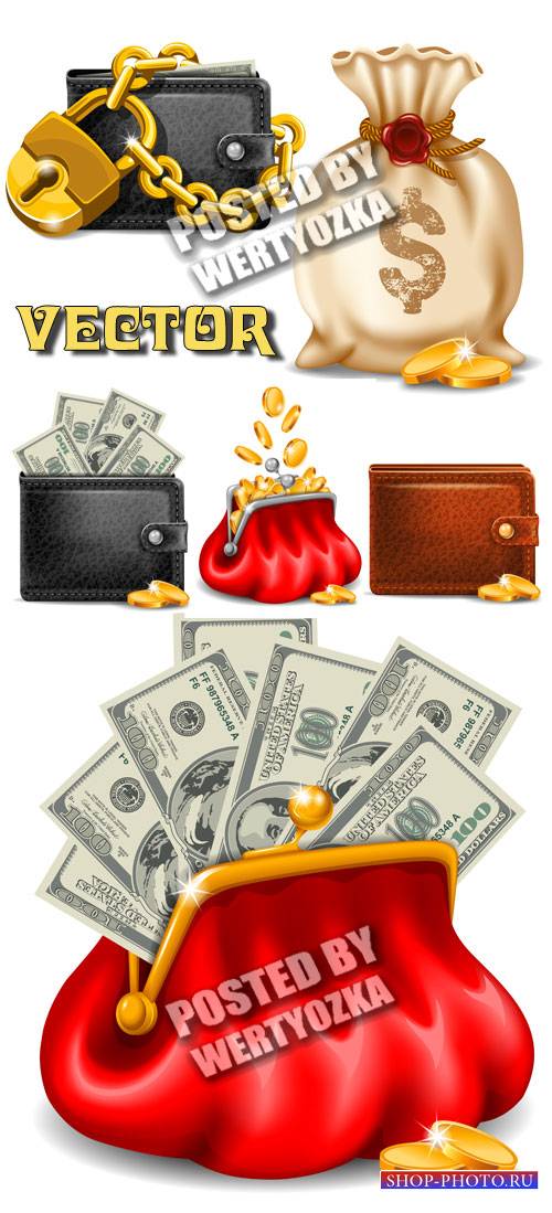 Кошелек с деньгами и золотыми монетами / Purse with money and gold coins - stock vector