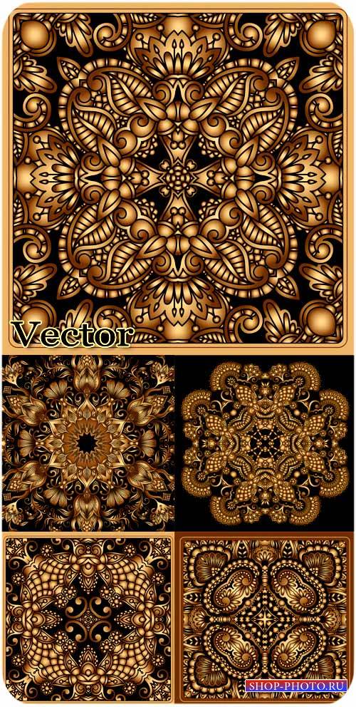 Черные фоны с золотыми узорами / Black background with golden ornaments - stock vector