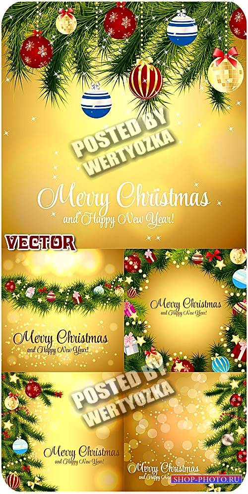 Золотые новогодние фоны с елочкой и шарами / Golden christmas background - vector stock