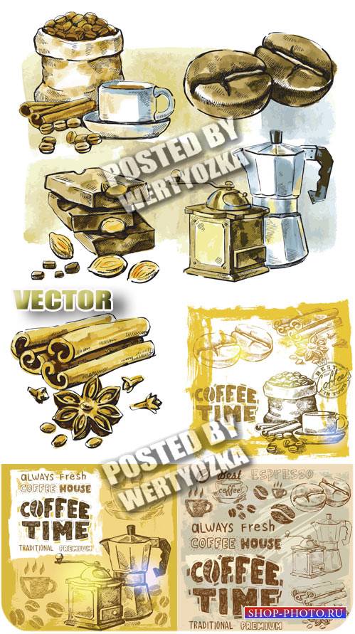 Кофе, кофейные зерна / Coffee, coffee beans - vintage vector
