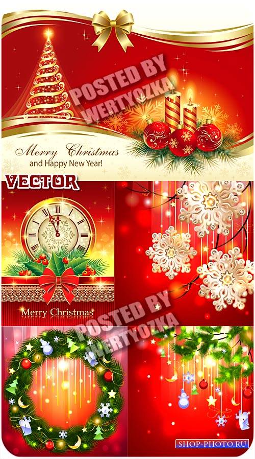 Рождественские фоны с золотой елочкой, курантами и свечами / Christmas background - vector stock