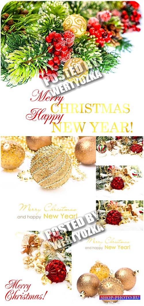 Елка и золотые новогодние шары / Christmas tree and golden christmas balls - stock photos