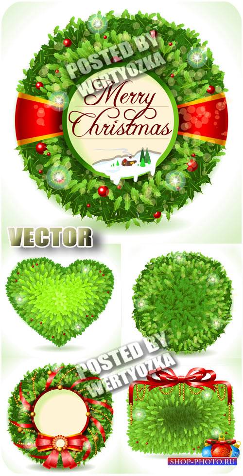 Рождественские венки из елки, сердечко / Christmas wreaths christmas tree, heart - stock vector