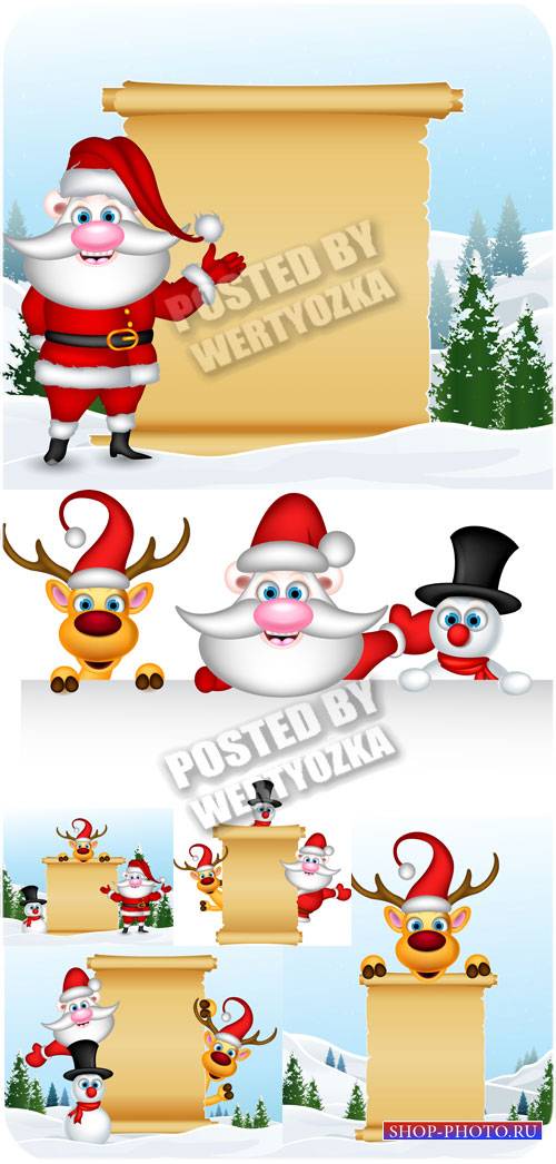 Санта, олень и снеговик с плакатами - вектор