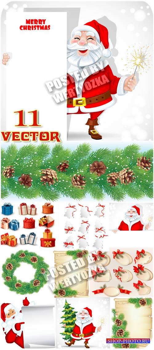 Санта-Клаус, елки с шишками, подарки, этикетки, векторные фоны