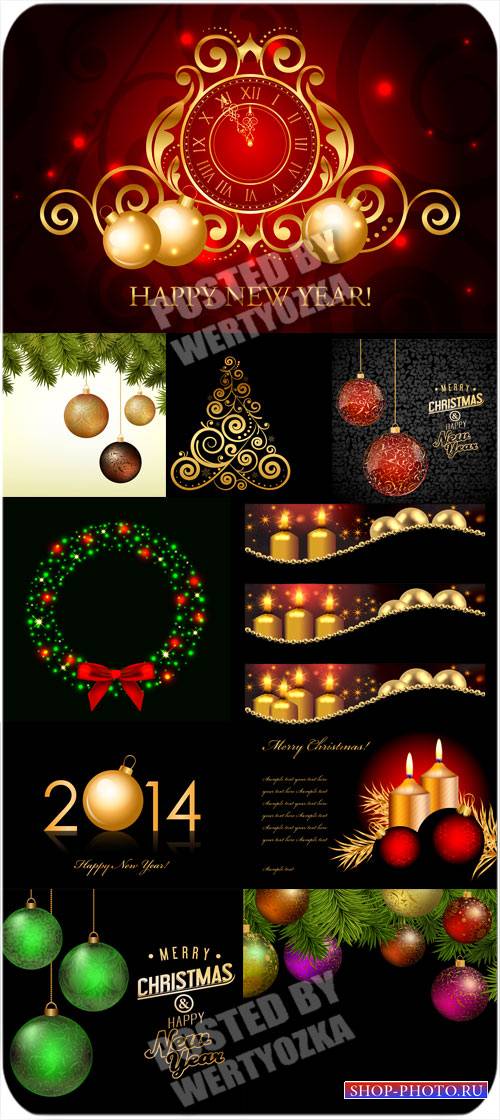 Рождественский вектор, свечи, елка, куранты и сверкающие шары