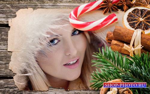  Рамка для фотомонтажа - Рождественская открытка с елкой и сладостями 