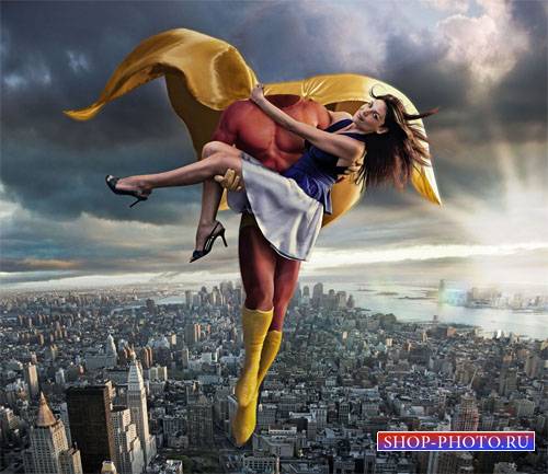  Шаблон psd - Супермен с девушкой на руках 