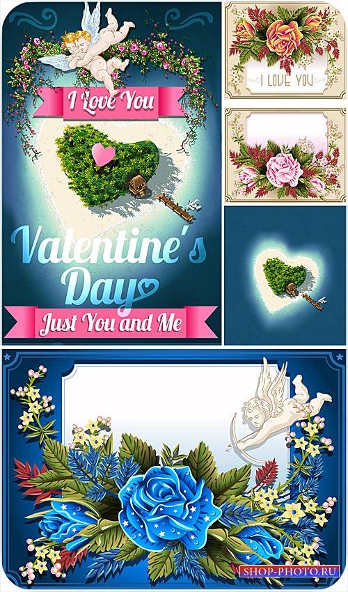 Открытки с розами и ангелами ко дню святого Валентина - сток вектор