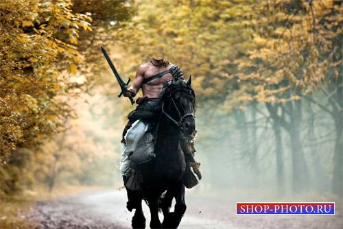  Шаблон для фотомонтажа - Мужественный воин с мечом на коне 