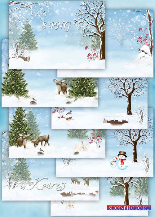 Набор зимних детских фонов для фотошопа - заснеженный лес, олени, зайчики