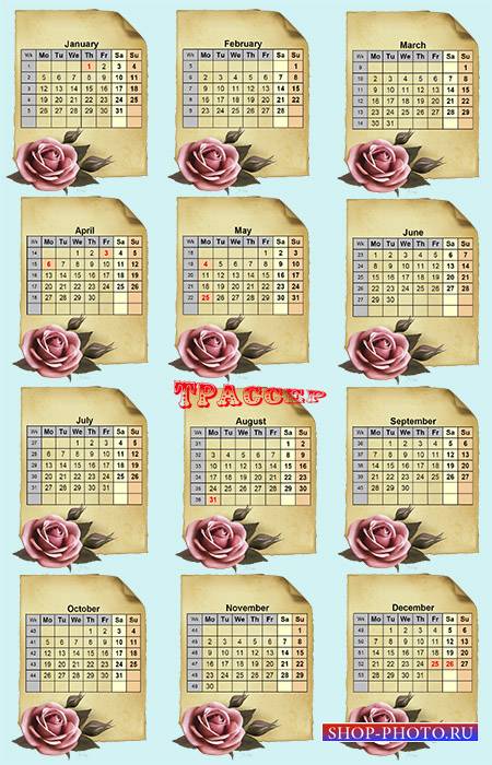 Календарная сетка на 2015 год – Свиток с алой розой