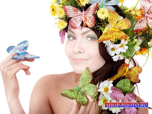  Шаблон для Photoshop - Милашка в нежном веночке с бабочками 