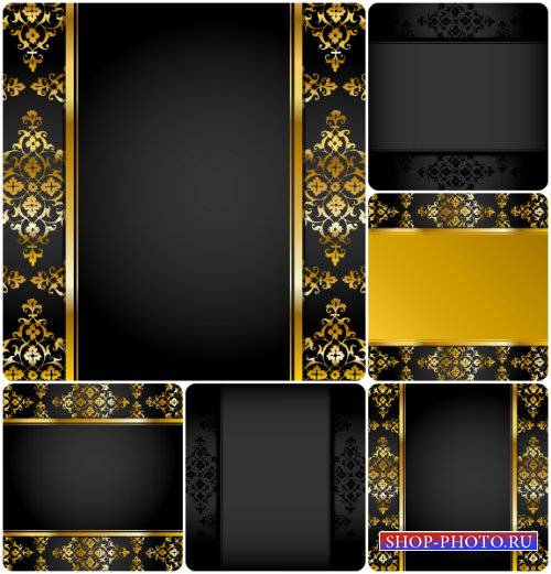 Черные векторные фоны с золотыми узорами / Black vector background with golden patterns