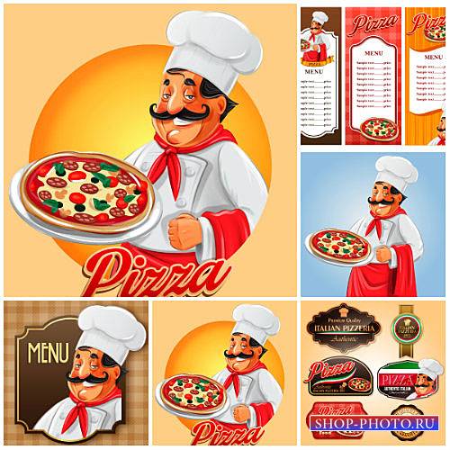 Пицца, повар с пиццей, меню в векторе / Pizza chef with pizza, menu vector