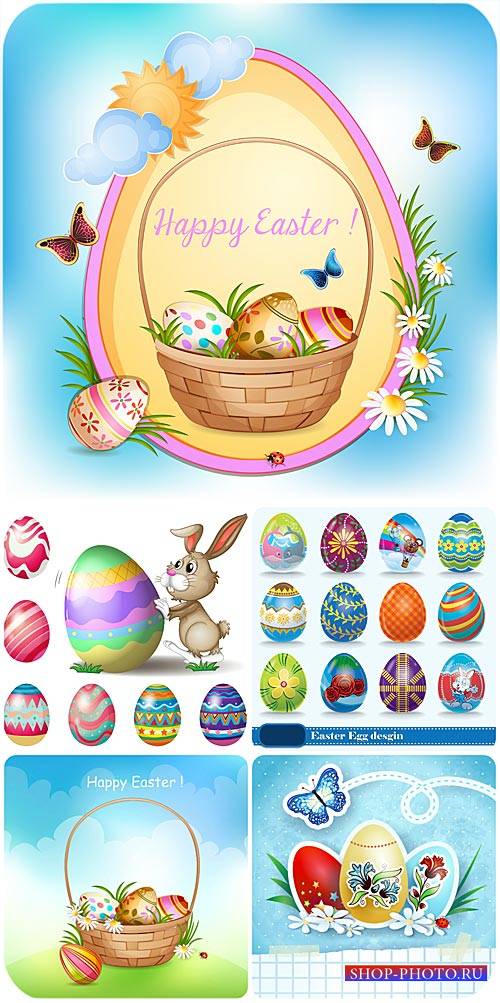 Пасхальная корзина, кролик и пасхальные яйца в векторе / Easter basket, bunny and Easter eggs vector