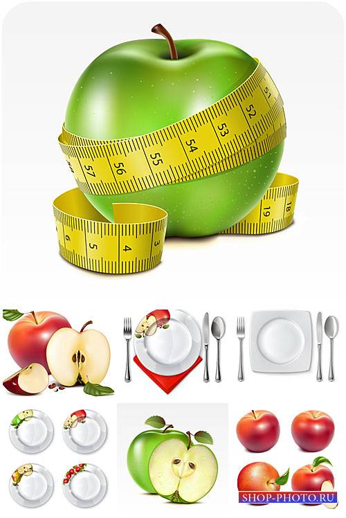Яблоки, тарелки и столовые приборы в векторе / Apples, plates and cutlery vector