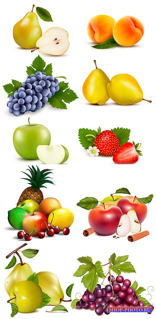 Свежие фрукты и ягоды в векторе, виноград, груша, клубника, ананас, яблоко / Fresh fruits and berries vector