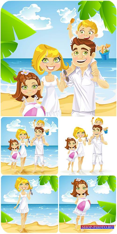 Семейный отдых на море, счастливая семья в векторе / Family holidays by the sea, happy family vector