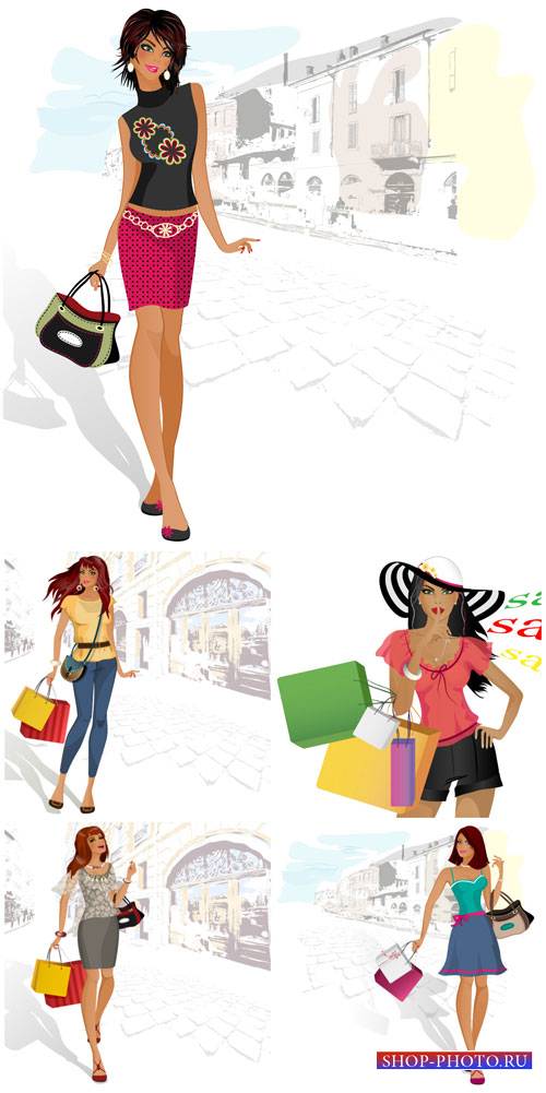 Модные девушки в векторе, поход за покупками / Fashion girls vector, shopping trip