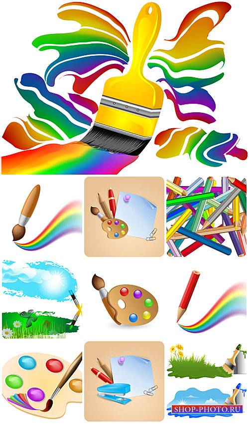 Краски, кисти и карандаши в векторе / Paints, brushes and pencils vector